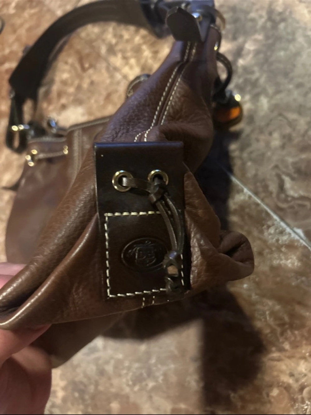 Dooney & Bourke Chocolate Brown Leather Shoulder Bag with Contrast Stitching
